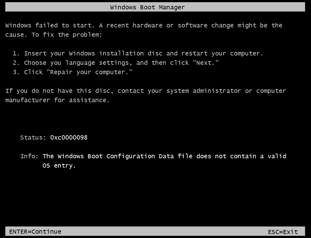 Boot Error 0xC0000098 (Windows Boot Configuration Data file does not contain a valid OS entry)