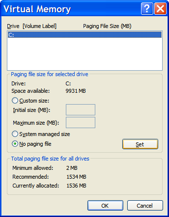 Performance Tuning of Windows XP - Turning off Swap File (2)