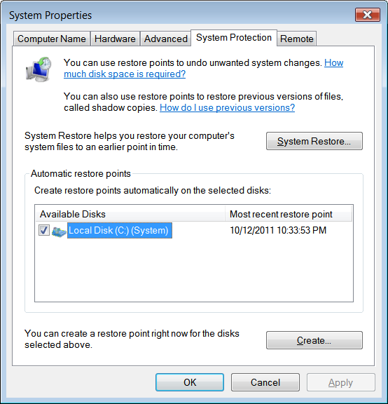 Performance Tuning of Windows - Disable System Restore