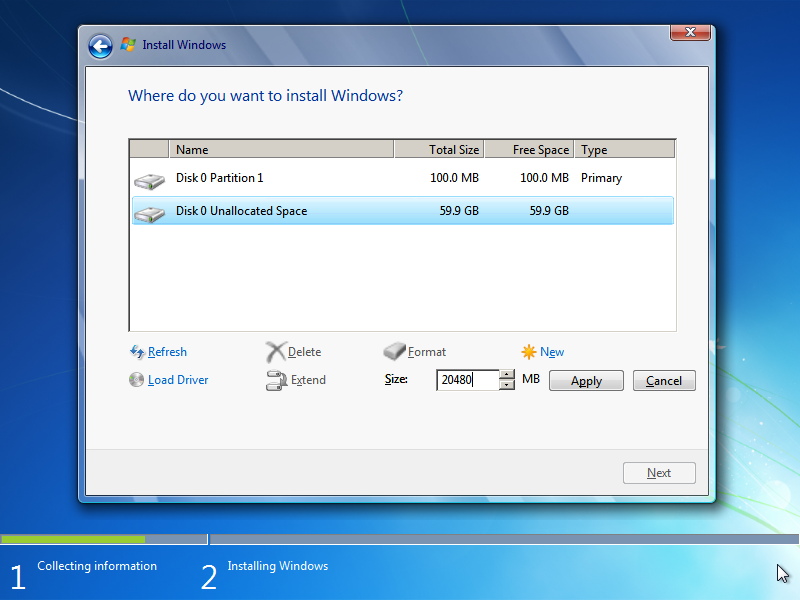 Setup was unable to create a new system partition - Create future disk C: and reserve MBR slot 2