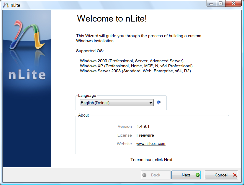 nLite Screenshot - Welcome to nLite Screen