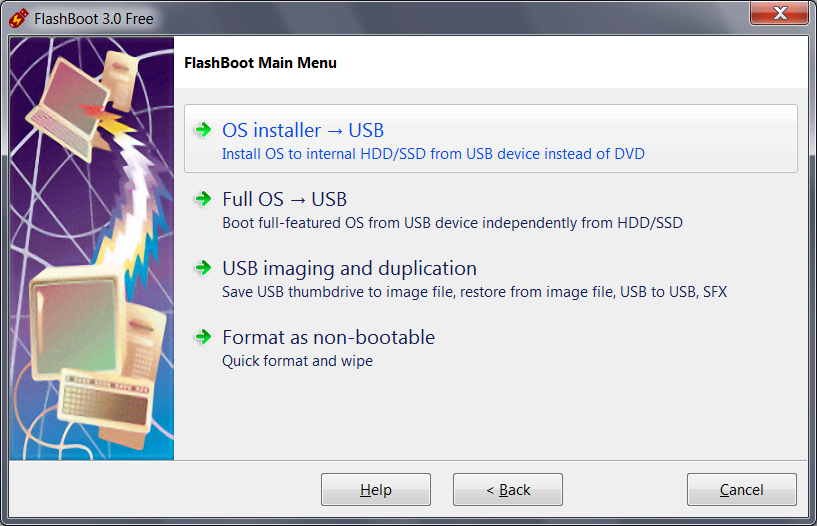 Install Windows from USB with FlashBoot Free - Choosing OS installer to USB in the Main Menu