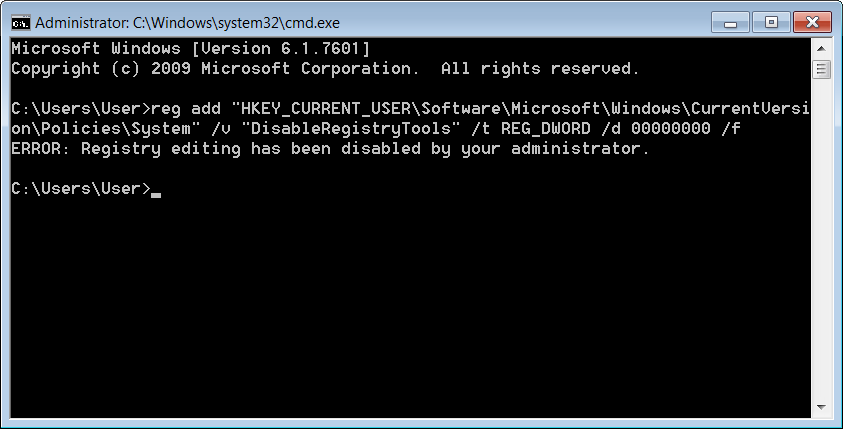 Console registry editing has been disabled by your administator; as it appears in Windows 7 and Vista