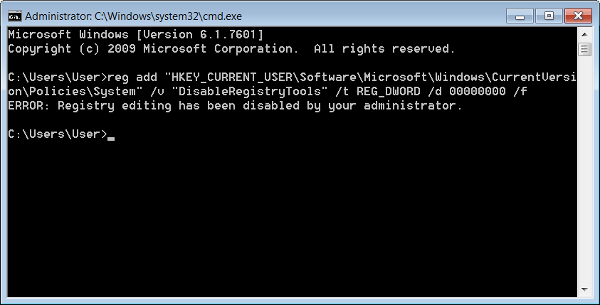 Konsollregisterredigering er deaktivert av administratoren din; som det vises I Windows 7 Og Vista