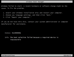 Boot Error 0xC000000E (Required Device is Inaccessible)