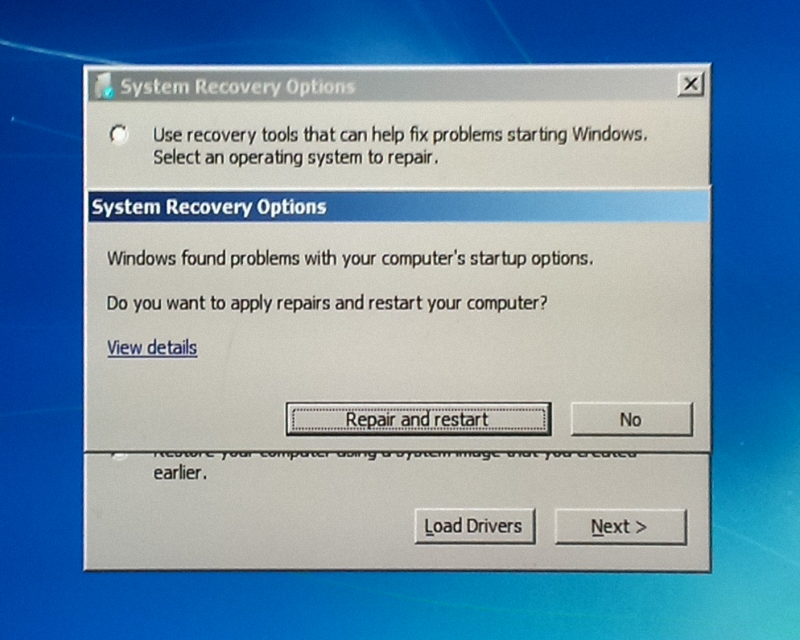 Context of Failed To Save Startup Options - Windows Recovery Error