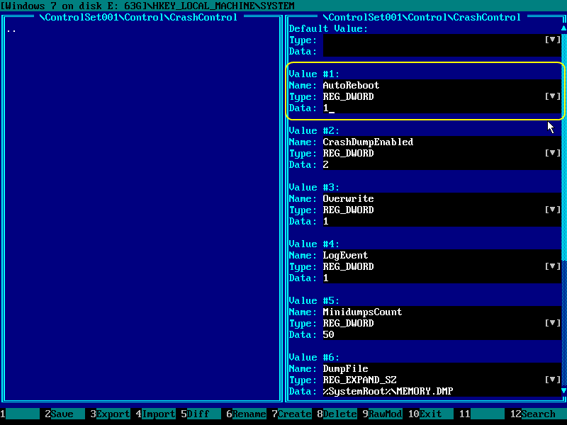 Windows Boot Loop Diagnostics - View the registry value of HKEY_LOCAL_MACHINE\SYSTEM\ControlSet001\Control\CrashControl\AutoReboot