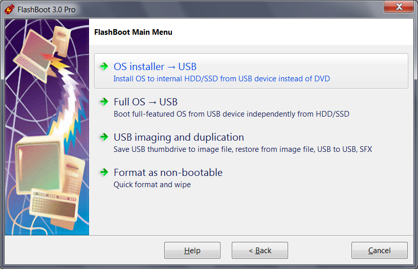 Install Windows 7 to new laptop - Choosing OS installer to USB in the Main Menu