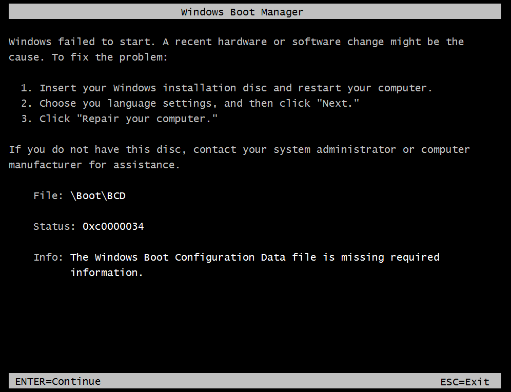 Boot Error 0xC0000034 (The Windows BCD file is missing required information)