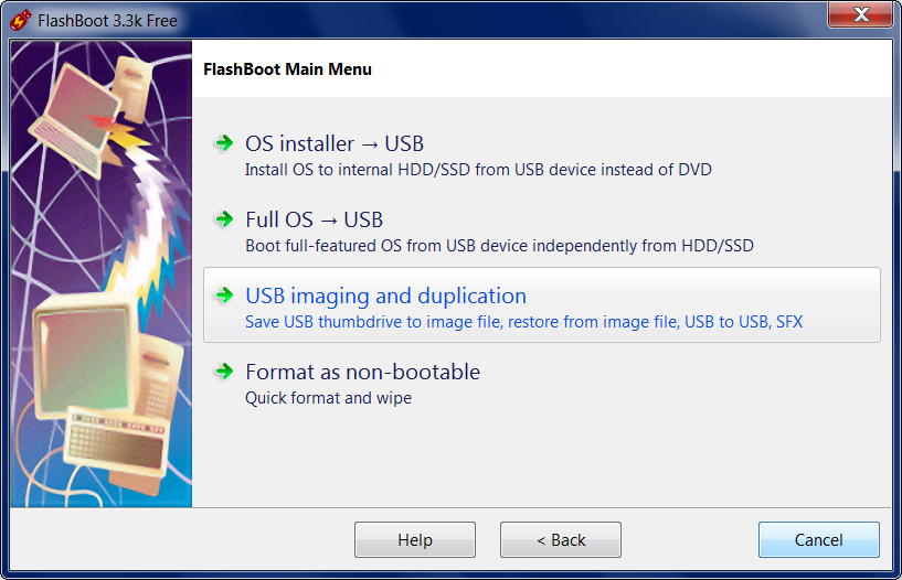Write Image File to USB device - Choosing USB imaging and duplication in the Main Menu