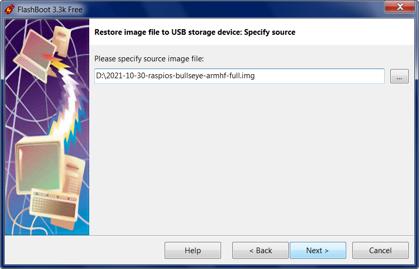 Write Image File to USB device - Specifying source image file and click Next
